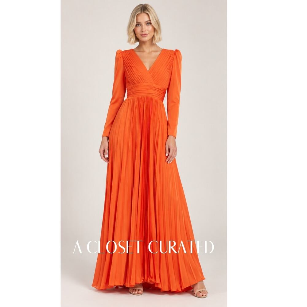 Mac Duggal Pleated Wrap Gown Long Sleeve V-Neck Maxi Dress 4 Orange Style 26542